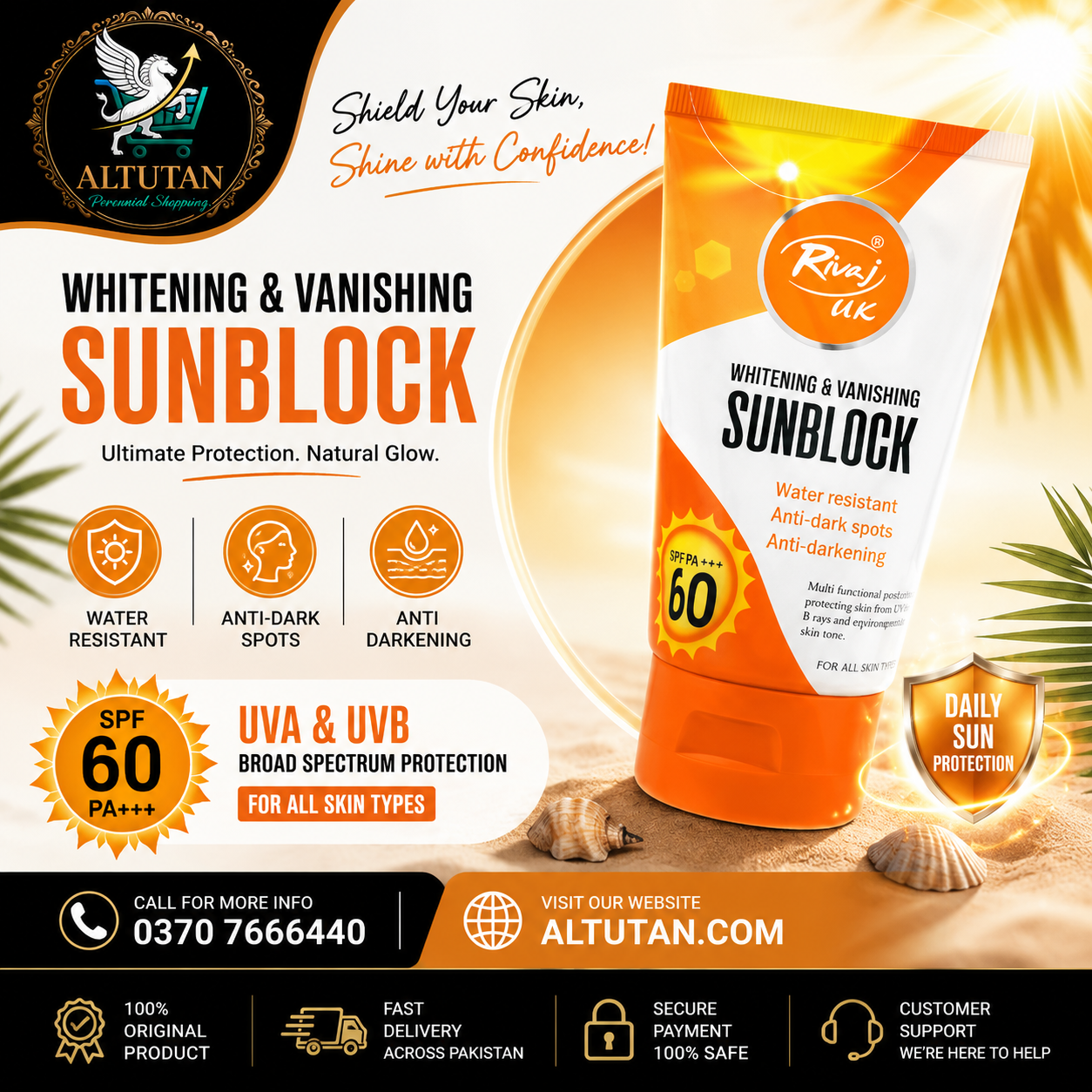 3264d56d-6a57-4e3b-9e81-75cda7965e9f Rivaj UK Whitening & Vanishing Sunblock SPF 60 PA+++ | Best Sunscreen for Face & Body | Altutan Pakistan - Image 1