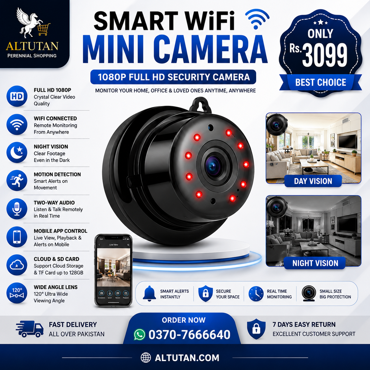 71b4ce38-de95-437e-90c8-7da6dd244312 IR Mini Wifi Camera 1080P HD Wireless Security Camera with Night Vision, Motion Detection & Mobile App Control | Altutan Pakistan - Image 1