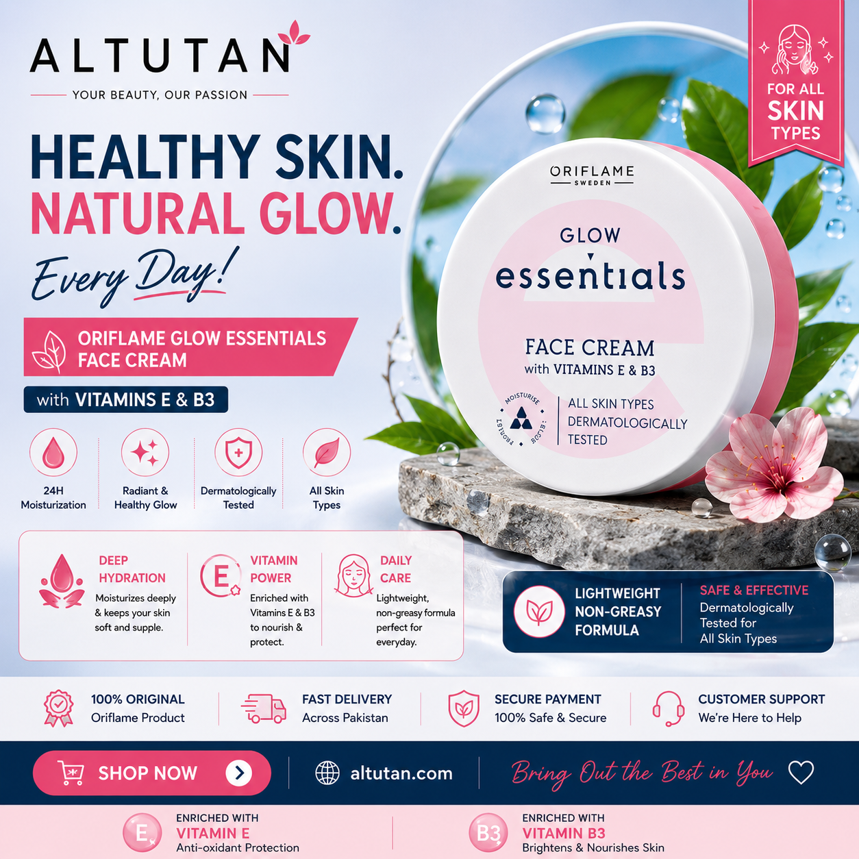 da15202f-7c6a-4678-bd3d-90b421592982 Buy Oriflame Glow Essentials Face Cream with Vitamins E & B3 Online in Pakistan | Altutan | Moisturizing Face Cream for All Skin Types - Image 1